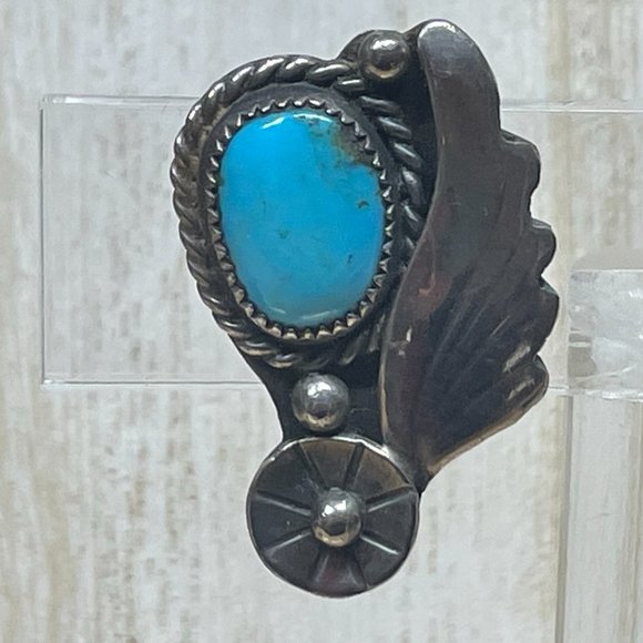 NAVAJO HANDMADE Turquoise Sterling Silver Foliate Feather Flower Clip EARRINGS - Picture 4 of 7